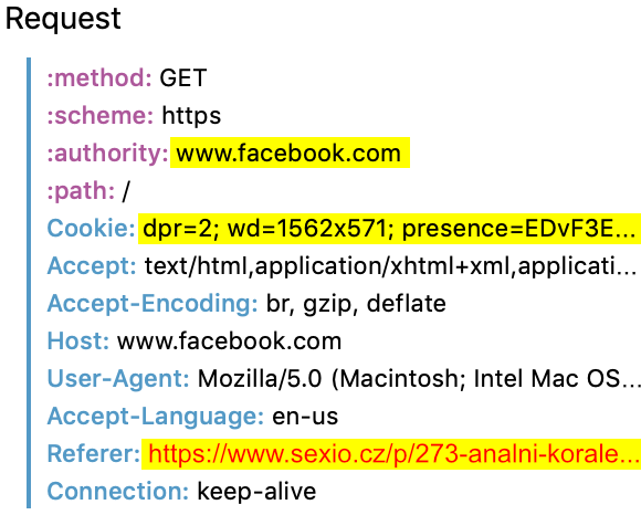 Ukázka dat odesílaných prohlížečem při přesměrování na jiný web.