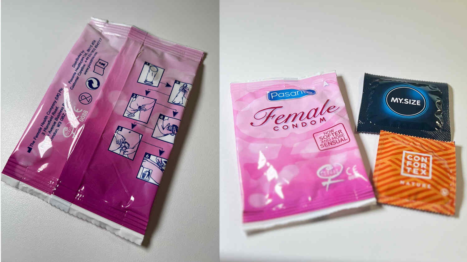 Vlevo: na ženském kondomu bývá často jednoduchý obrázkový návod, vpravo: porovnání s běžnými kondomy. Zdroj: Sexio.cz.