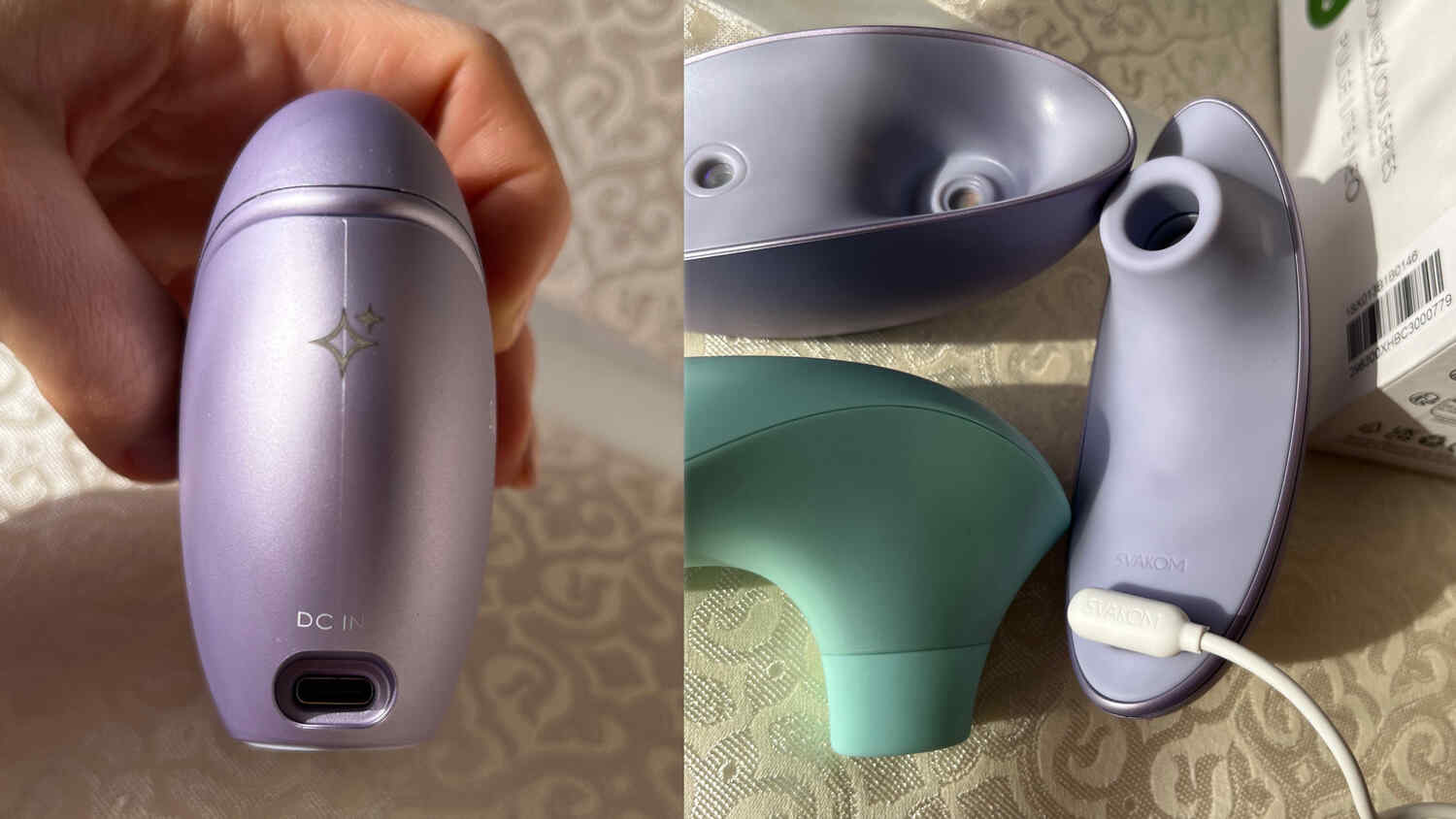 Vlevo: detail vstupu USB-C na dokovací stanici, vpravo: samotná pomůcka se dá nabít i magnetickým USB kabelem od jiné pomůcky Svakom (Pulse Lite Neo). Zdroj: Sexio.cz.